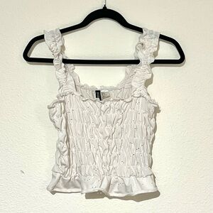 H&M White Smocked Ruffle Crop Top